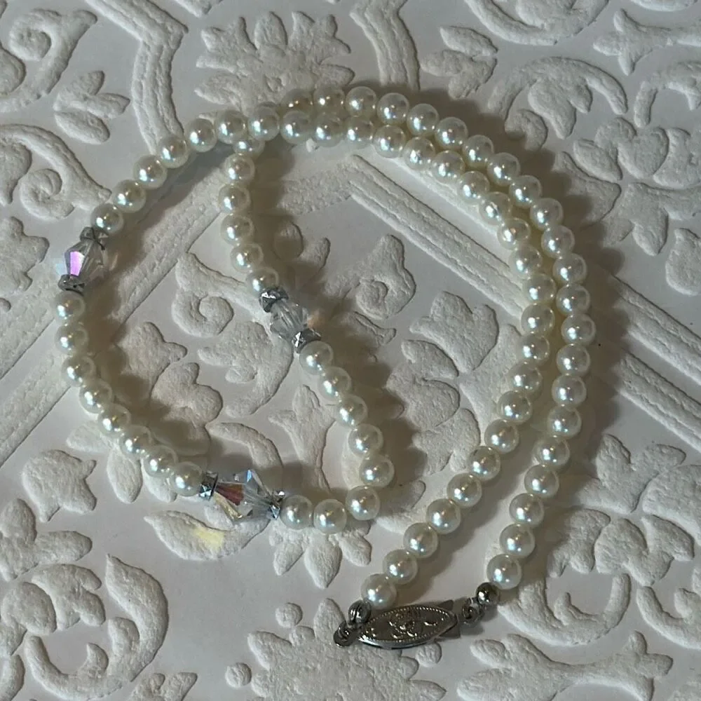 Vintage Art Deco Glass Pearl Choker‎ Necklace With Faceted Clear Crystals 15”